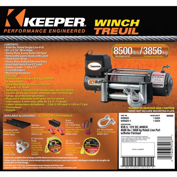 KeeperValue 8,500LBS HH Remoter, w/Light, WR, HDRF, Keeper, Mfr#: KV85022